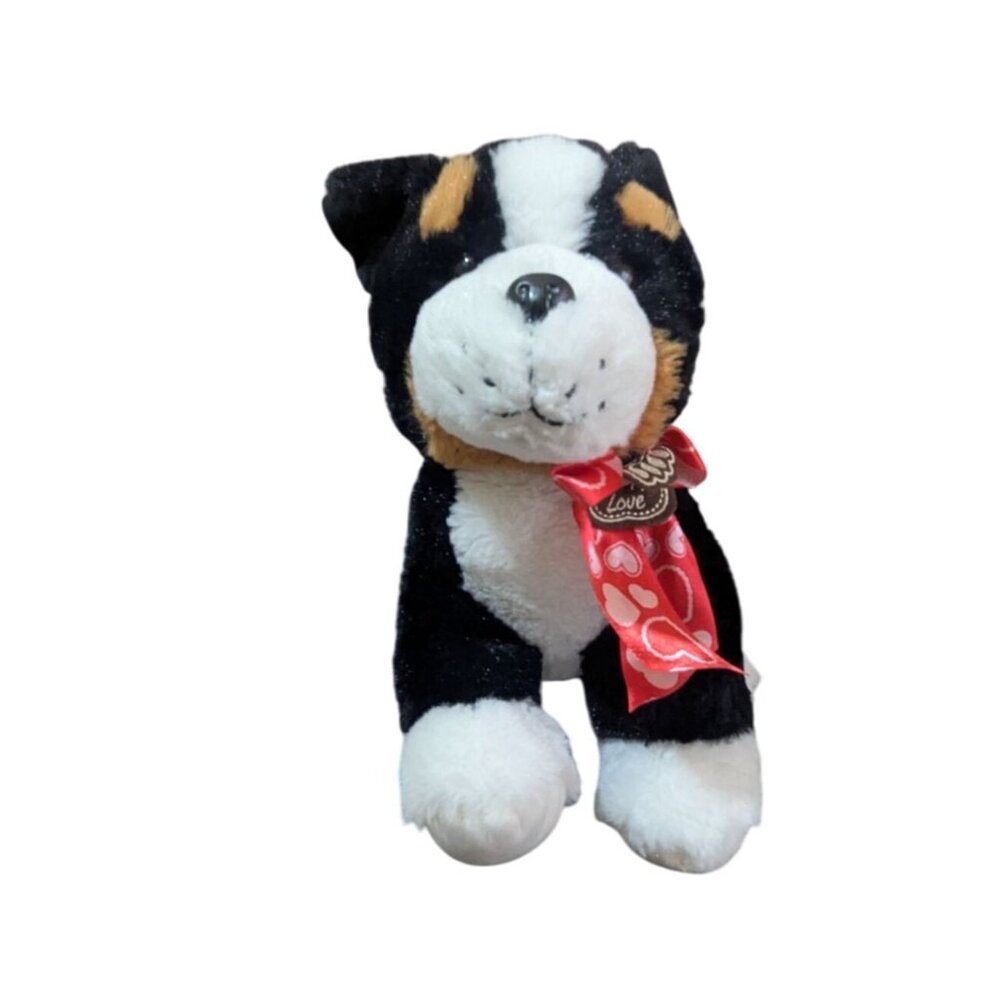 Black Puppy Love Plush Dog  Bow  - 12  Black/White With Tan Spots stuffed animal